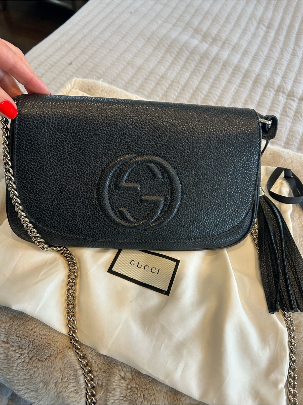 Gucci Black Pebbled Leather Crossbody with gold Chain